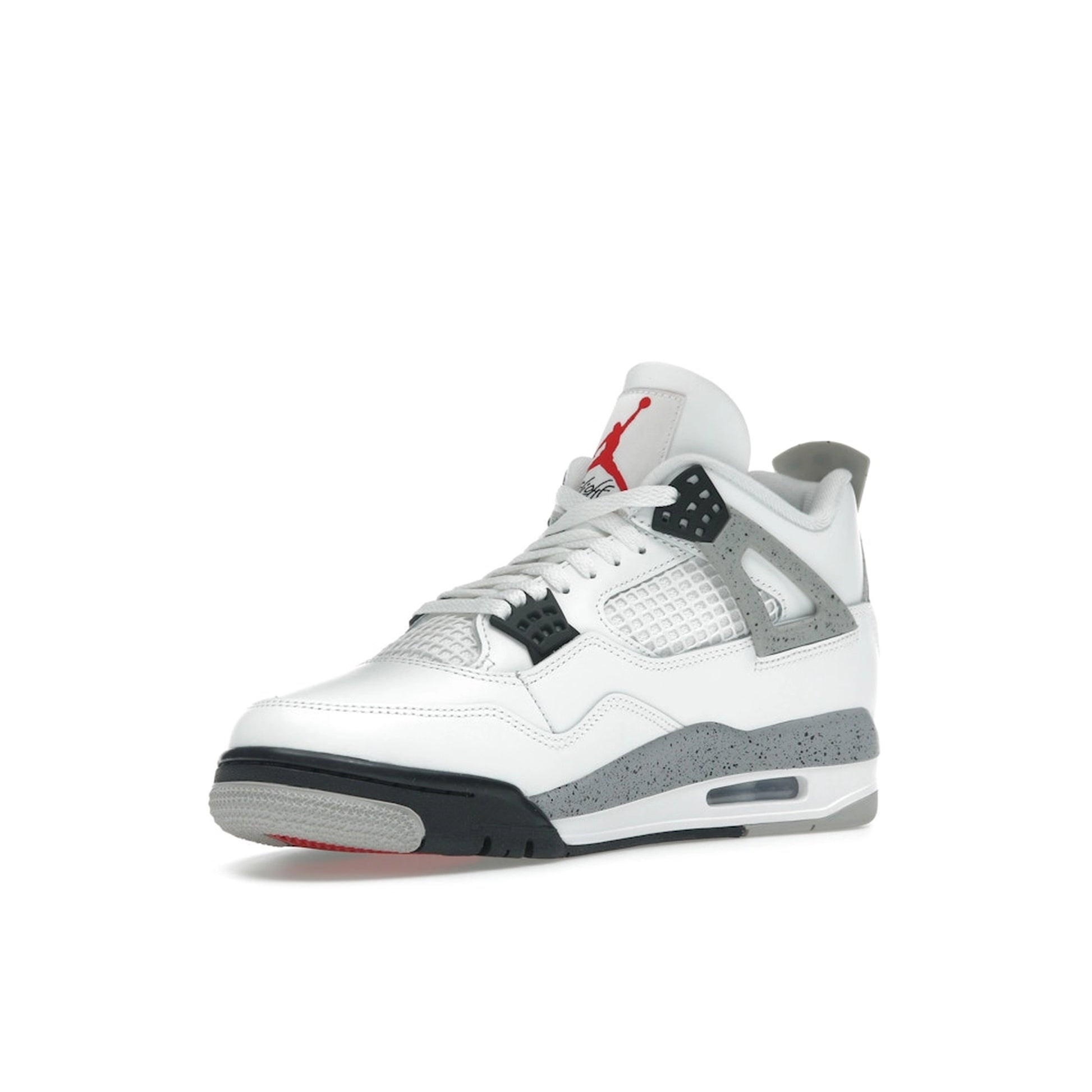 Jordan 4 Retro White Cement 2025 FV5029-100, front view, in white leather with speckled cement grey accents.