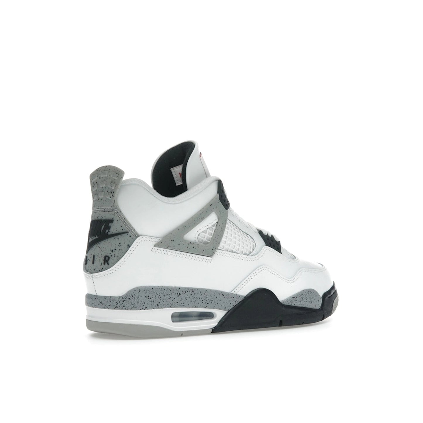 Jordan 4 Retro White Cement 2025 FV5029-100, back view, in white leather with speckled cement grey accents.