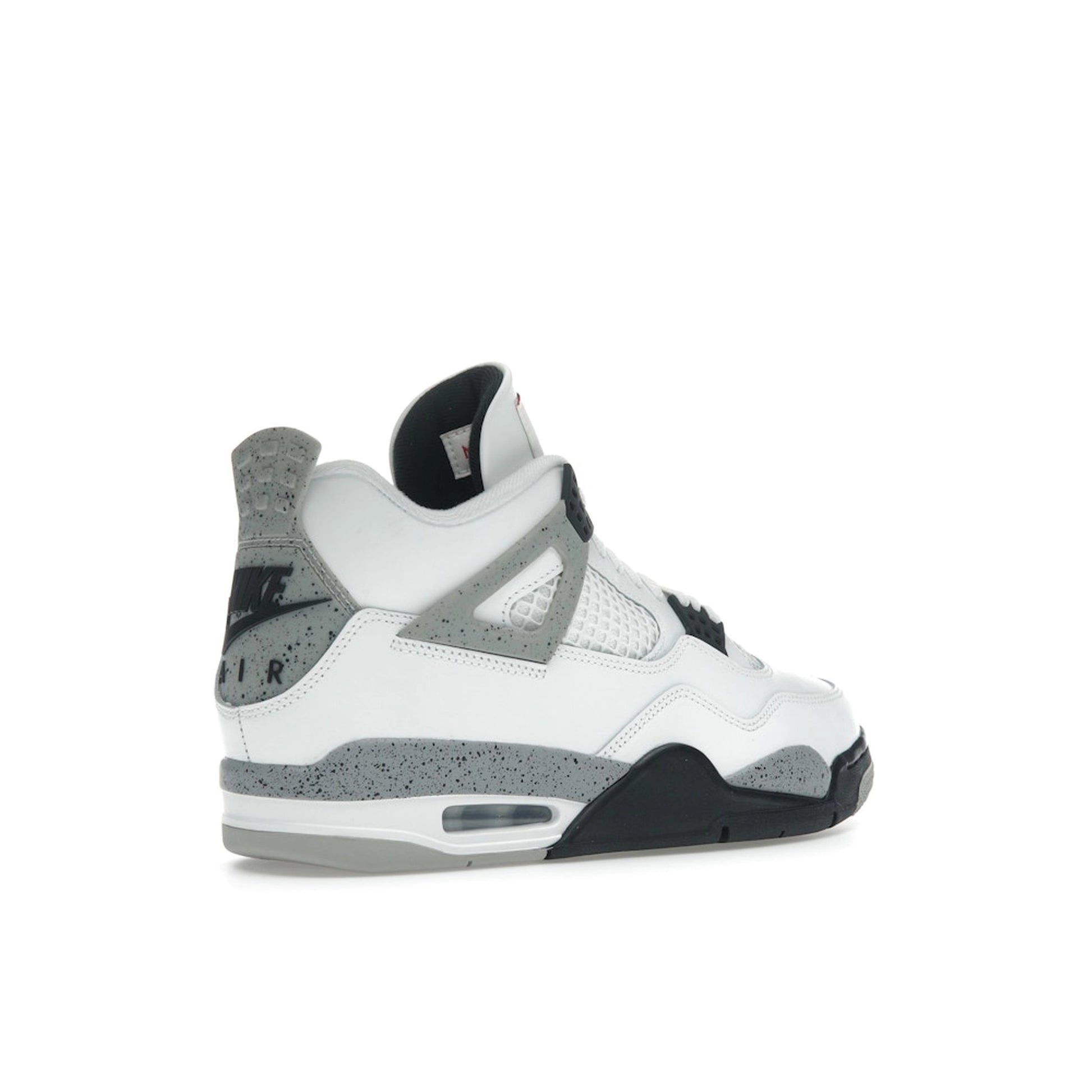 Jordan 4 Retro White Cement 2025 FV5029-100, back view, in white leather with speckled cement grey accents.