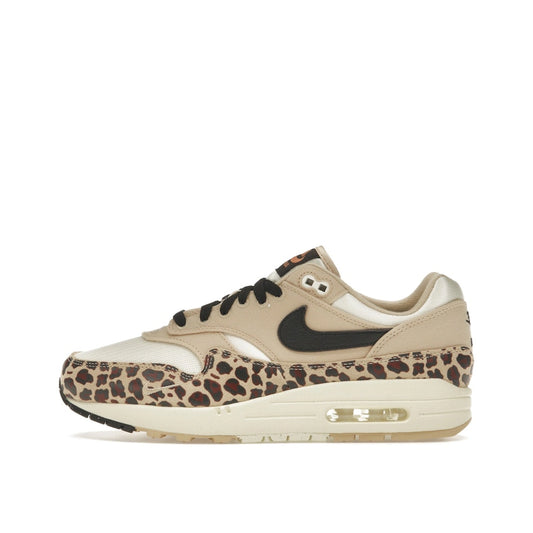 Nike Air Max 1 '87 Sesame Leopard Women's sneakers, side view, model FV6605-200, sesame with leopard print.