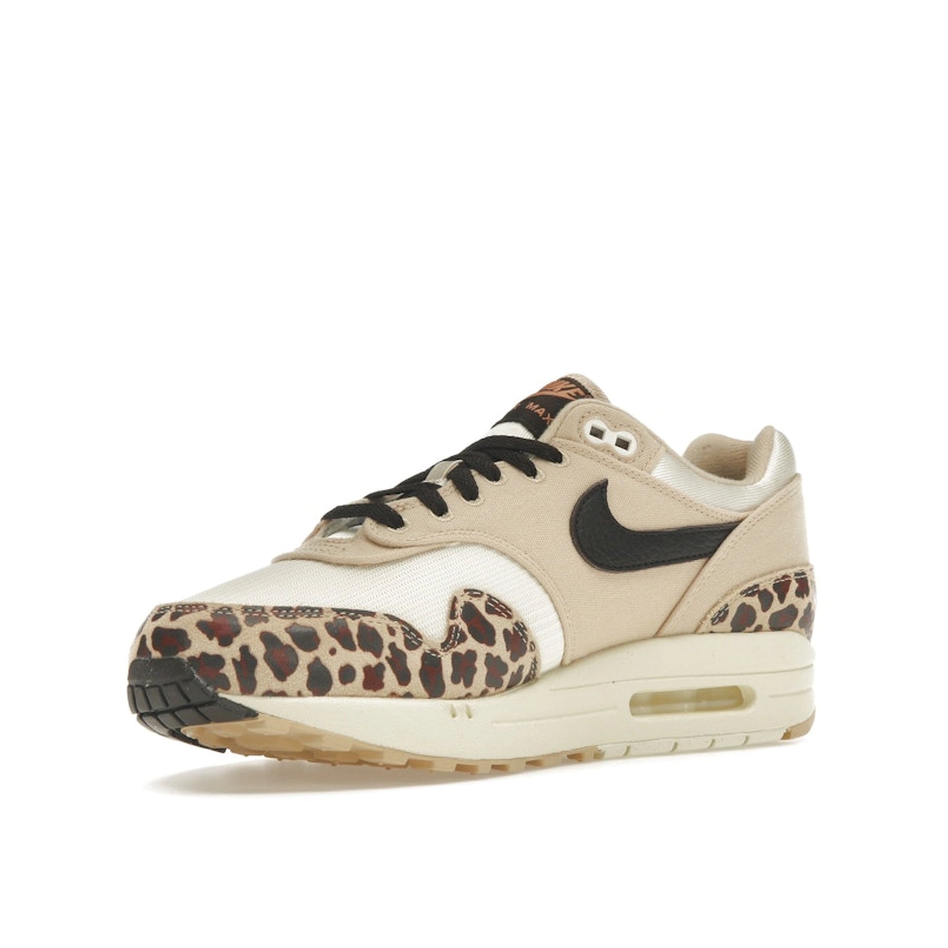 Nike Air Max 1 '87 Sesame Leopard Women's sneakers, front view, model FV6605-200, sesame with leopard print.