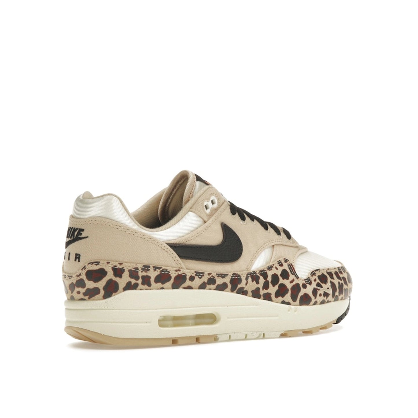 Nike Air Max 1 '87 Sesame Leopard Women's sneakers, back view, model FV6605-200, sesame with leopard print.