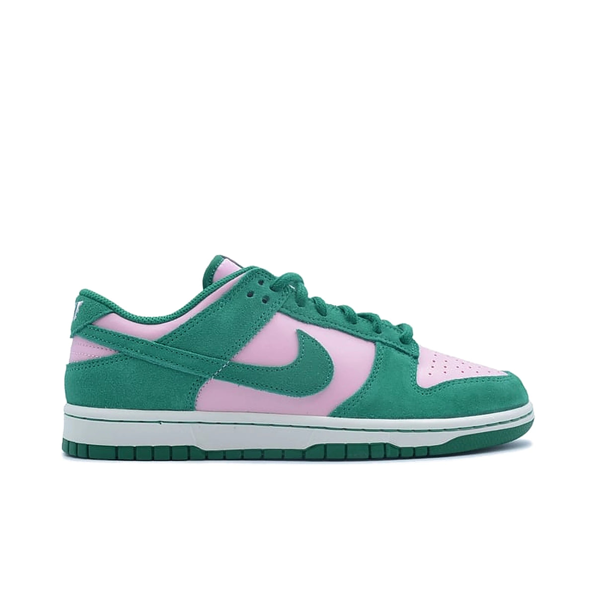 Nike Dunk Low Retro SE in Gorge Green and Psychic Pink, leather and denim