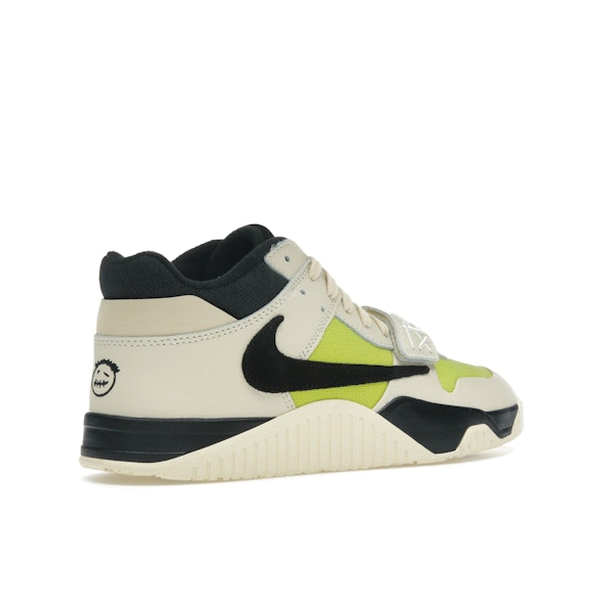 Jordan Jumpman Jack TR Travis Scott sneakers, back view, in bright cactus green and white.