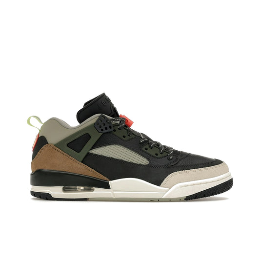 Jordan Spizike Low in anthracite, light wild mango, cargo khaki, spruce fog; leather & textile.