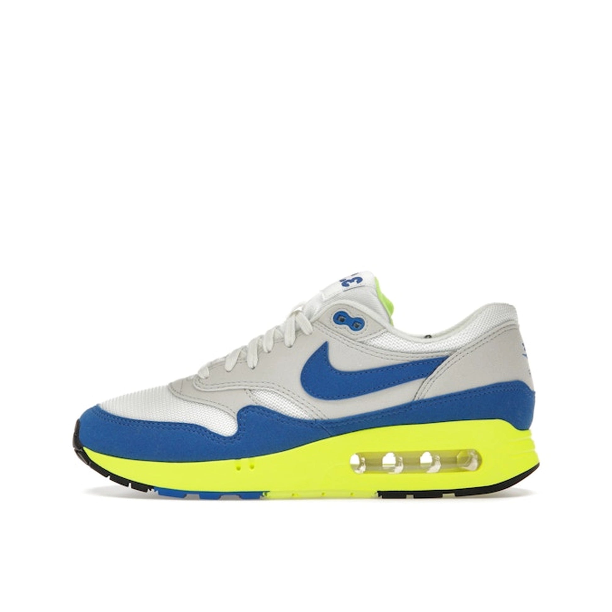 Nike Air Max 1 '86 OG Big Bubble sneakers, side view, model HF2903-100, in white and blue, special edition for Air Max Day 2024.