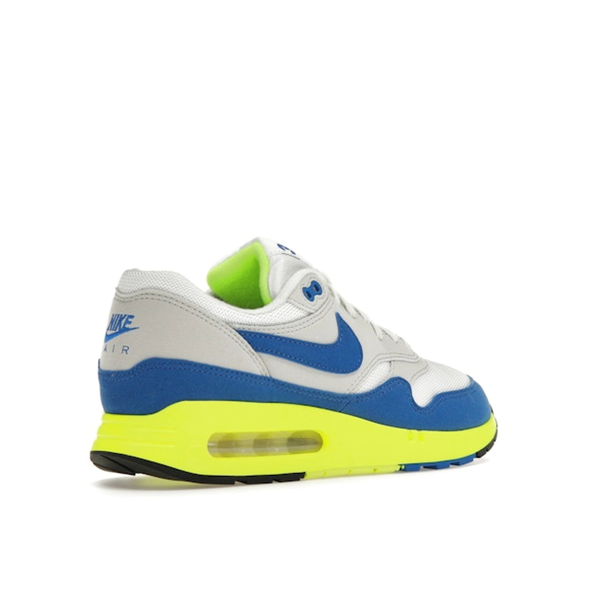 Nike Air Max 1 '86 OG Big Bubble sneakers, back view, model HF2903-100, in white and blue, special edition for Air Max Day 2024.