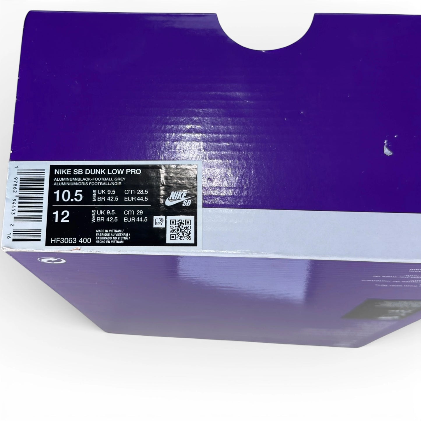 Nike SB Dunk Low Black Aluminum HF3063-400 – EU 44½, brand new with cut outlet box