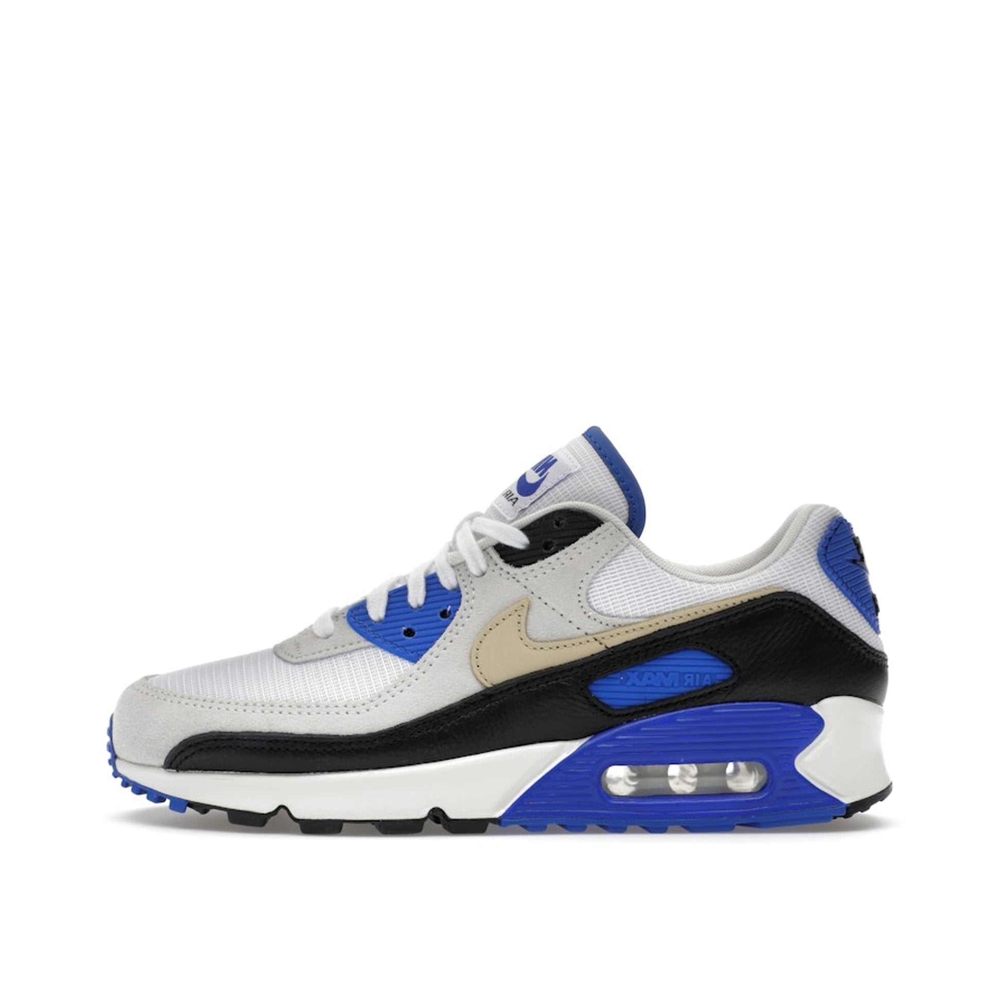 Nike Air Max 90 Racer Blue, side view, in white leather with grey suede and blue branding.