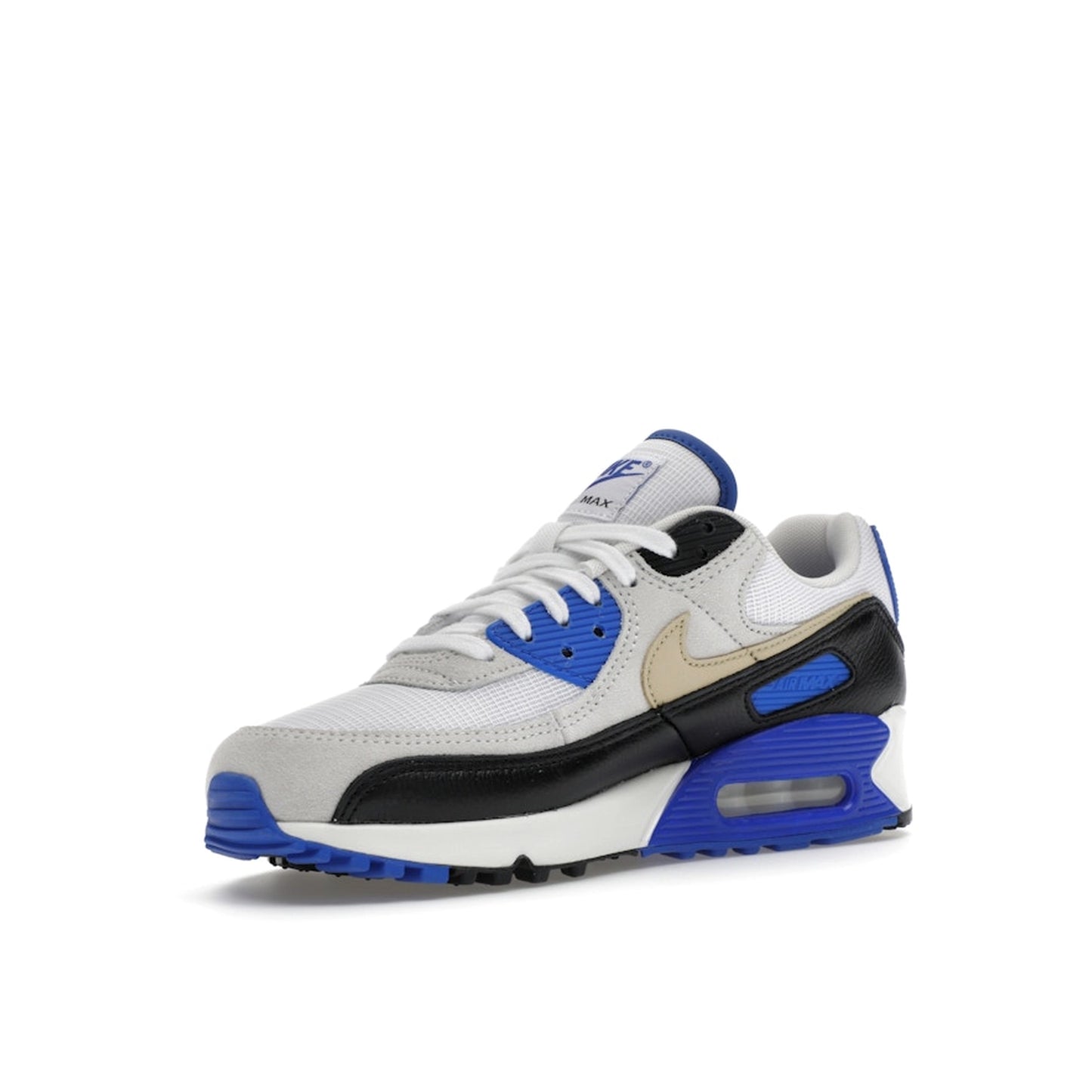 Nike Air Max 90 Racer Blue, front view, in white leather with grey suede and blue branding.