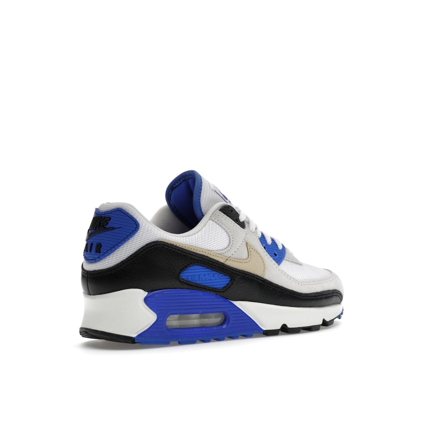 Nike Air Max 90 Racer Blue, back view, in white leather with grey suede and blue branding.