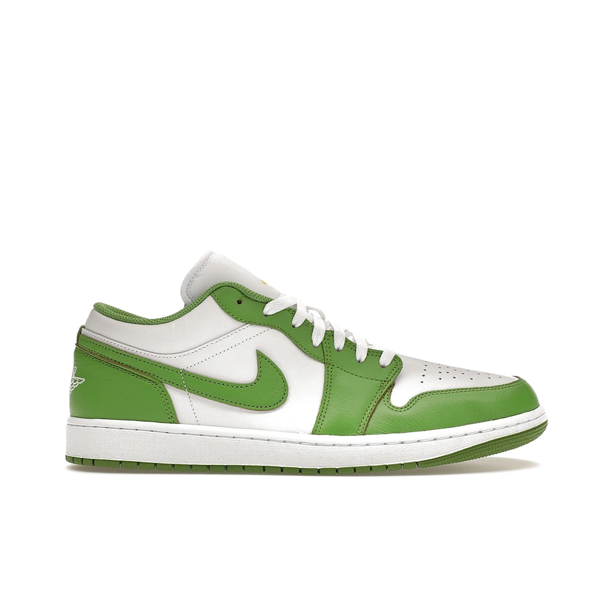 Jordan 1 Low SE Chlorophyll in white with lightning‑chlorophyll accents, leather upper