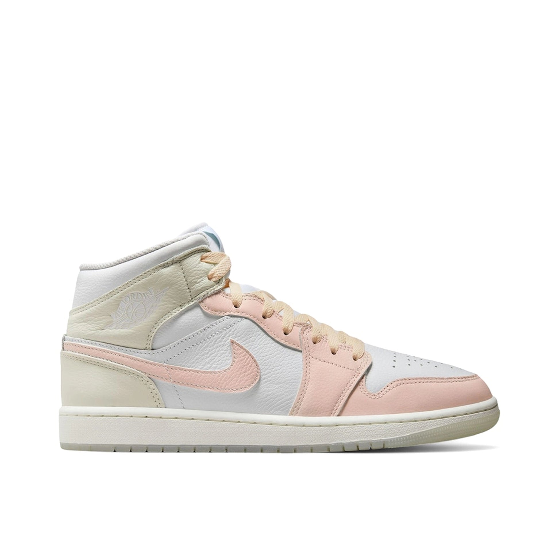 Jordan 1 Mid SE, side view, pastel-toned panels in sea glass, glacier blue and guava ice.