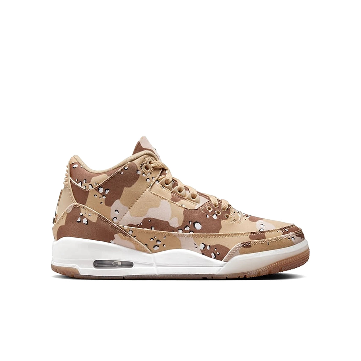 Jordan 3 Retro WNBA Desert Camo women's shoe, dark driftwood, hemp, brown, orange, white; leather.