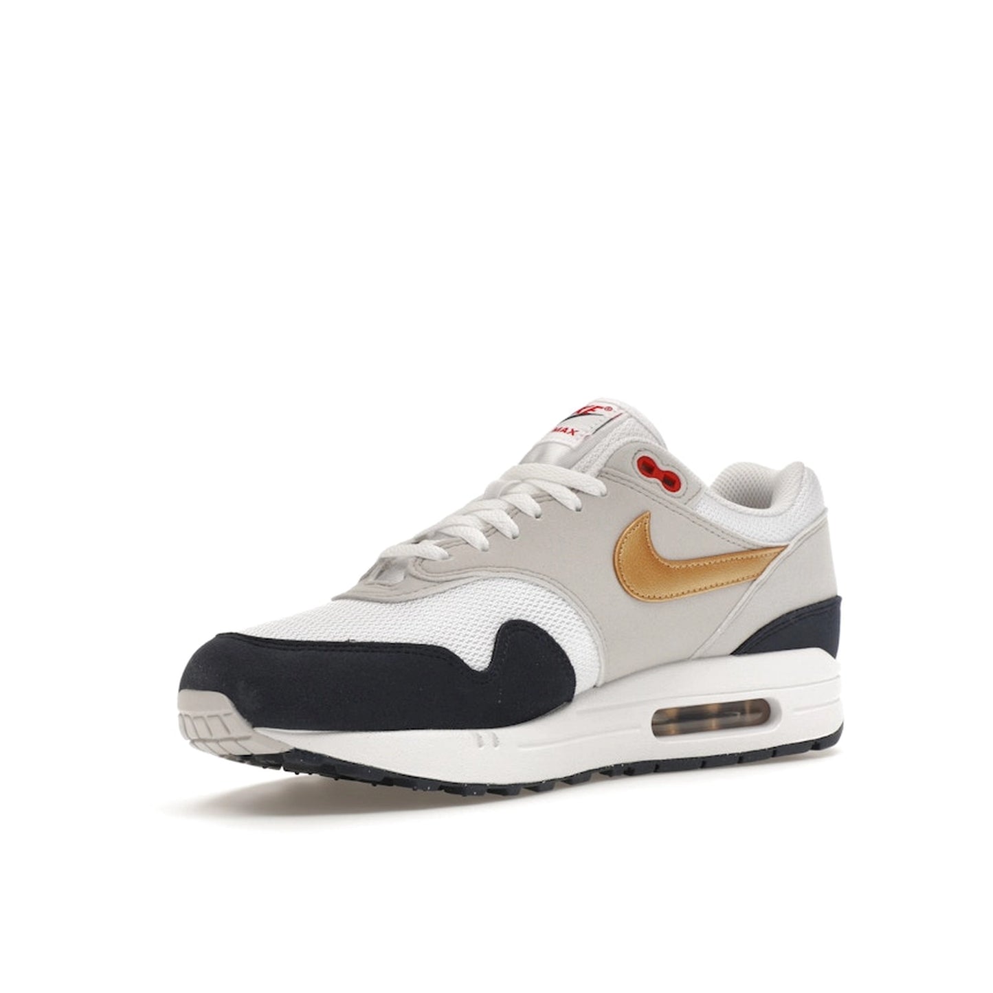 Nike Air Max 1 sneakers, front view, in blue, red, and white Olympic-inspired colors.