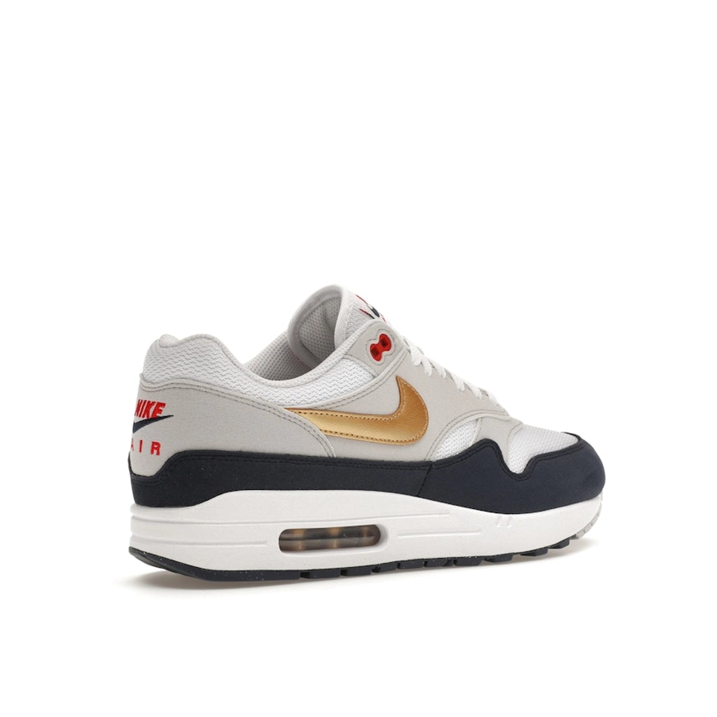 Nike Air Max 1 sneakers, back view, in blue, red, and white Olympic-inspired colors.