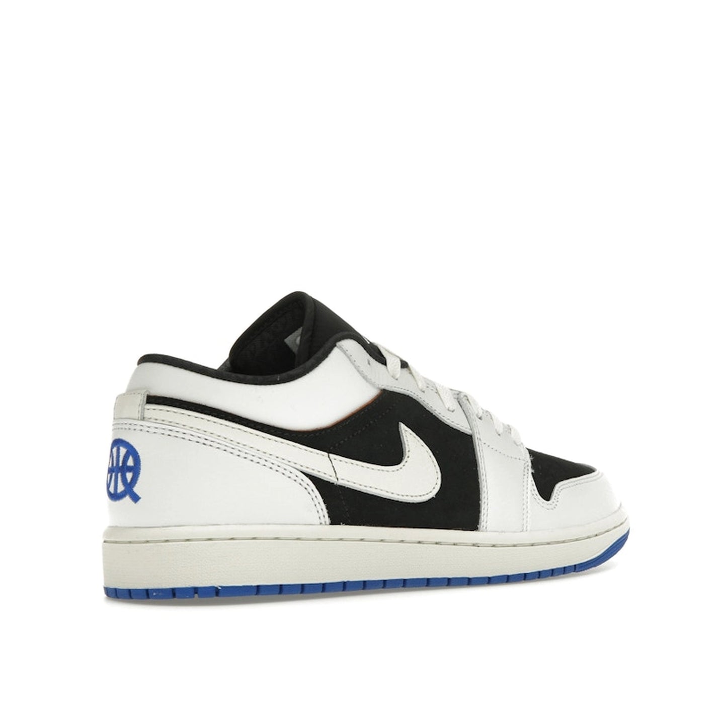 Jordan 1 Low Quai 54 (2024) sneakers, back view, model HQ0764-001, black and white accents.