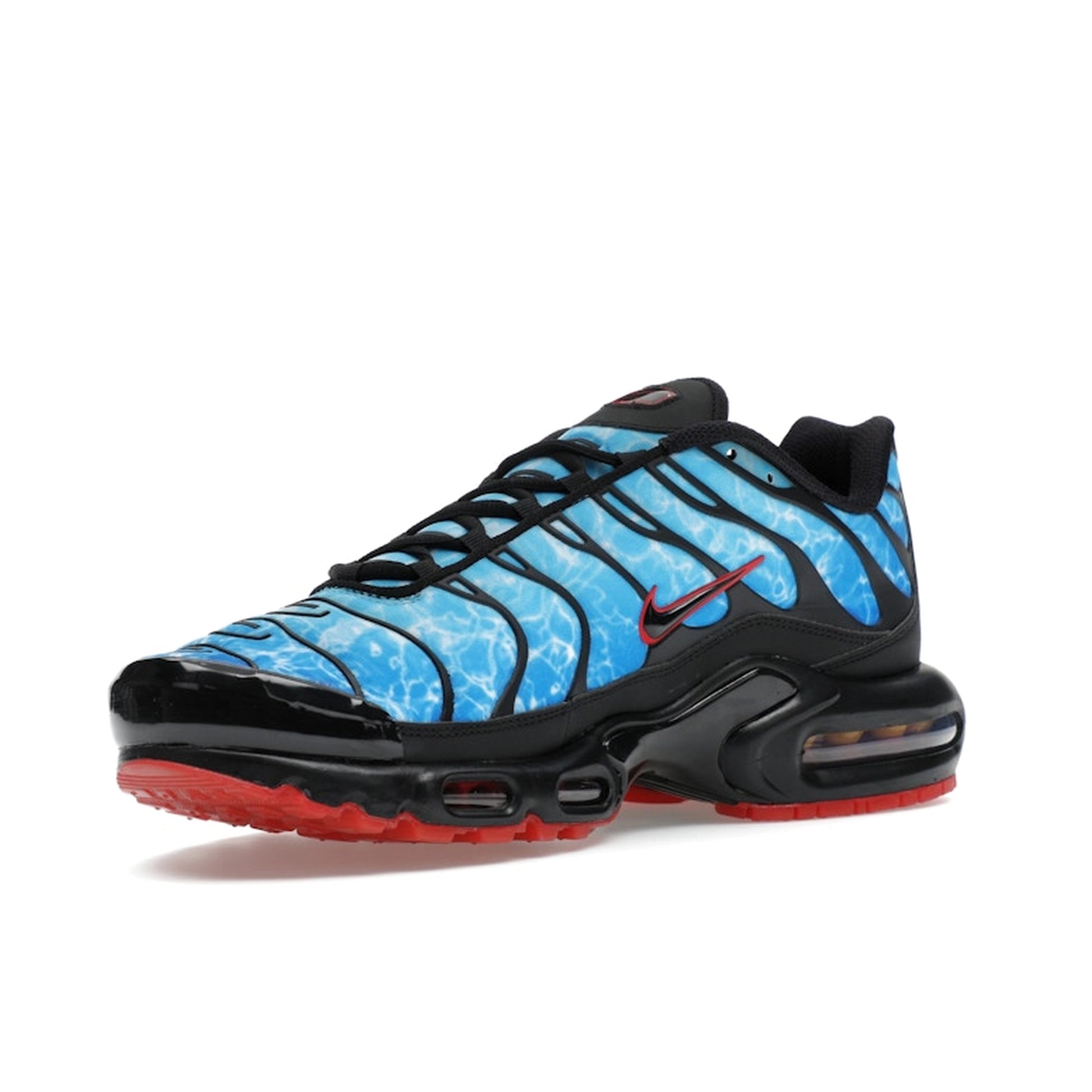 Nike Air Max Plus Shark Attack, front view, ocean-inspired design with red Swoosh and fins.