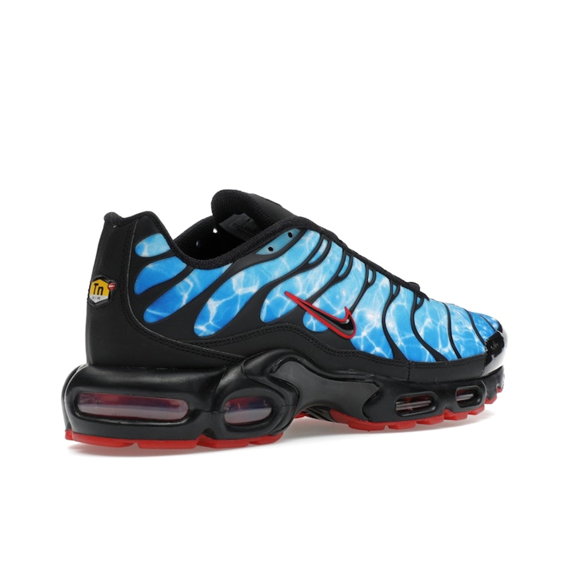 Nike Air Max Plus Shark Attack, back view, ocean-inspired design with red Swoosh and fins.