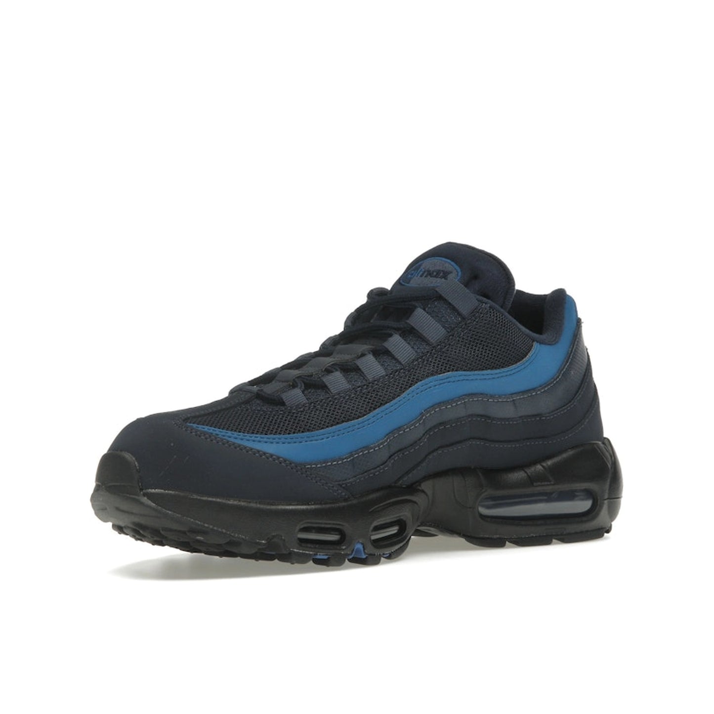 Nike Air Max 95 Thunder Blue, front view, in deep blue mesh with dark grey detailing and Air cushioning.
