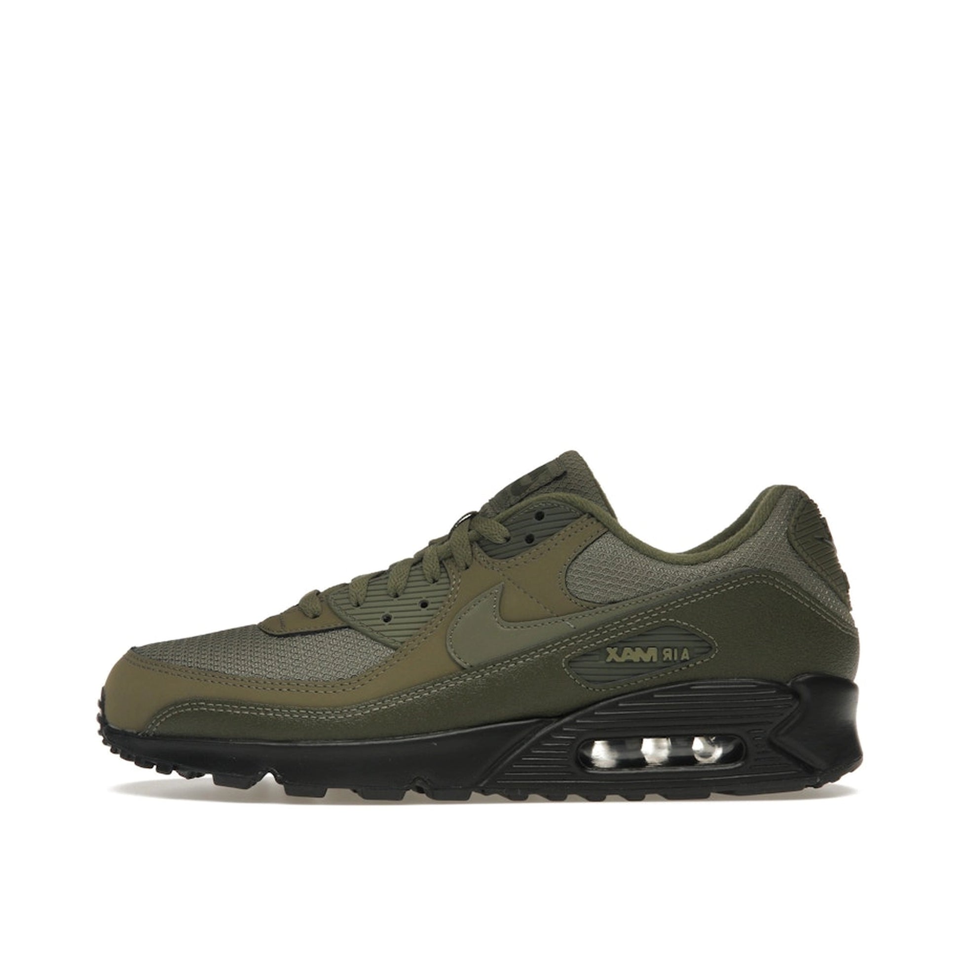 Nike Air Max 90 Reflective Swoosh sneakers, side view, in medium olive with reflective details.