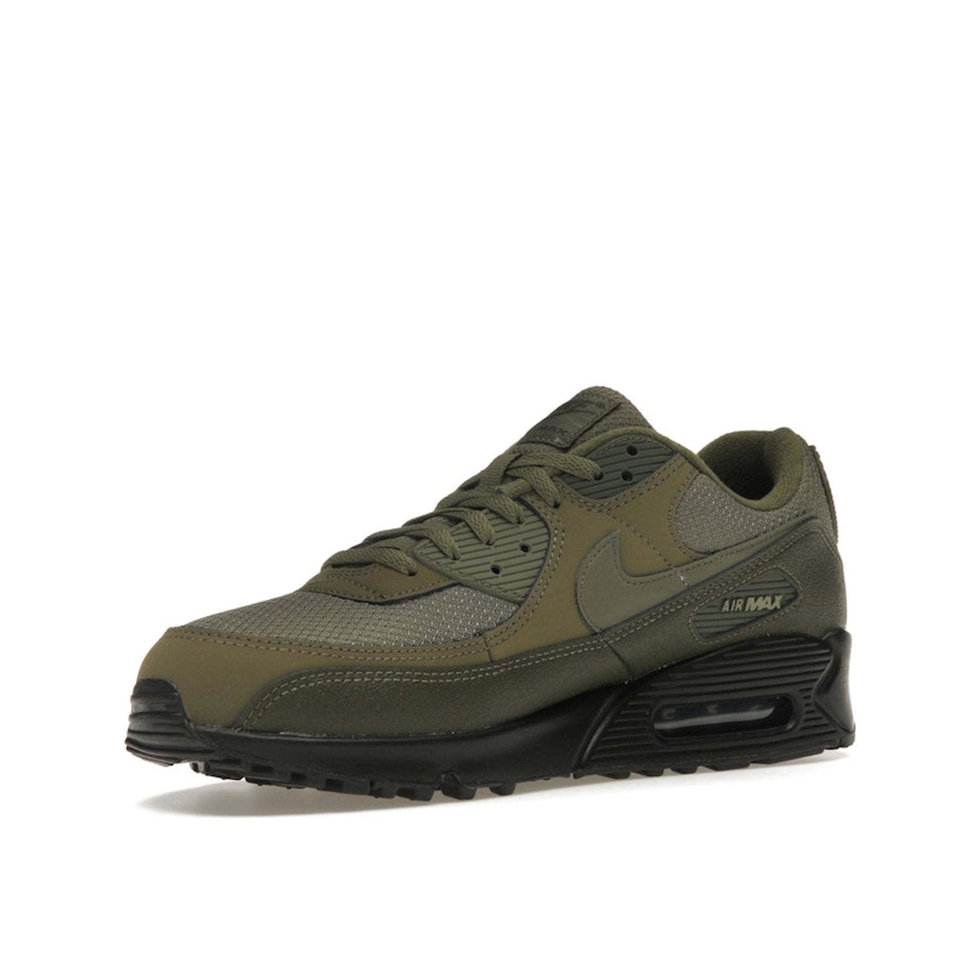 Nike Air Max 90 Reflective Swoosh sneakers, front view, in medium olive with reflective details.