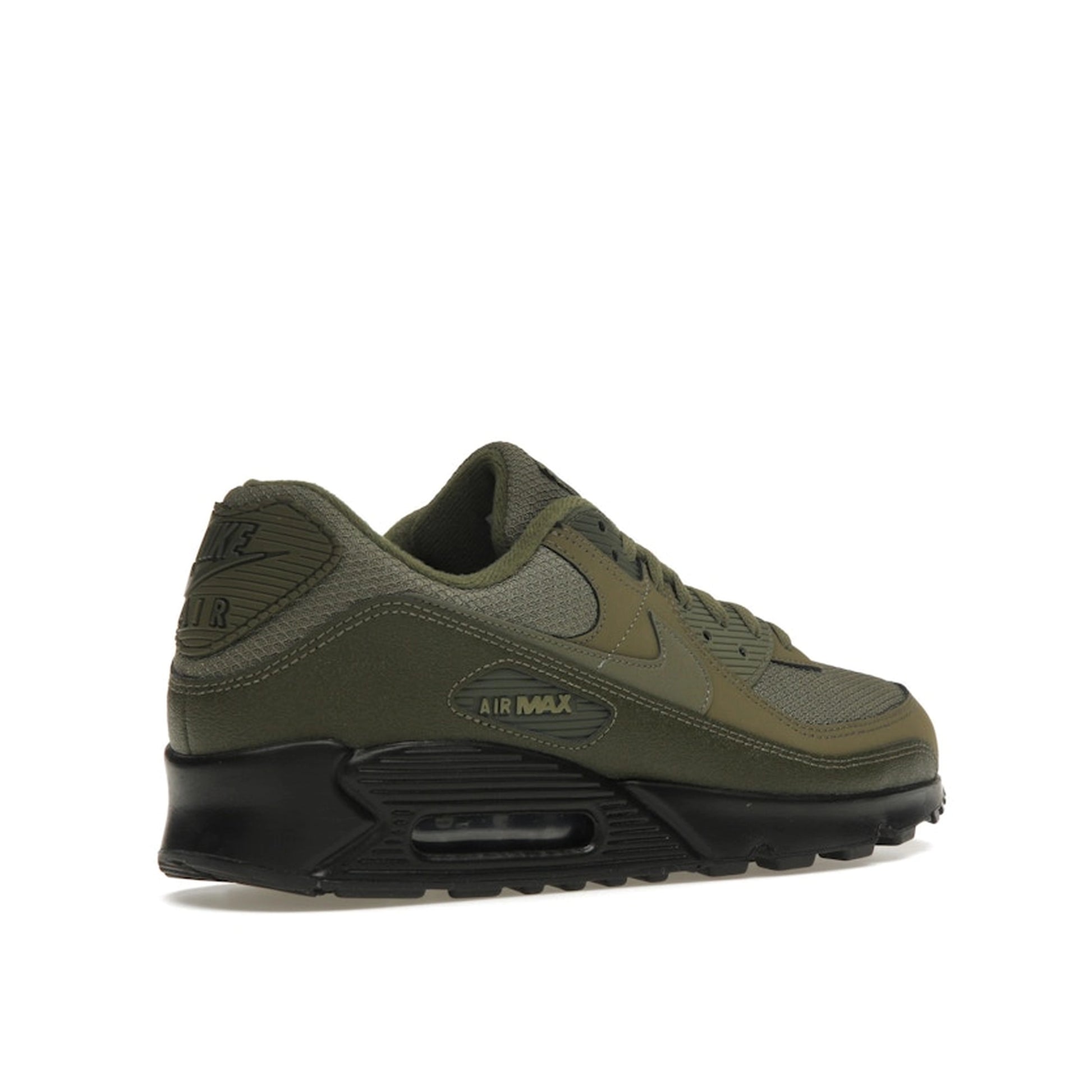 Nike Air Max 90 Reflective Swoosh sneakers, back view, in medium olive with reflective details.