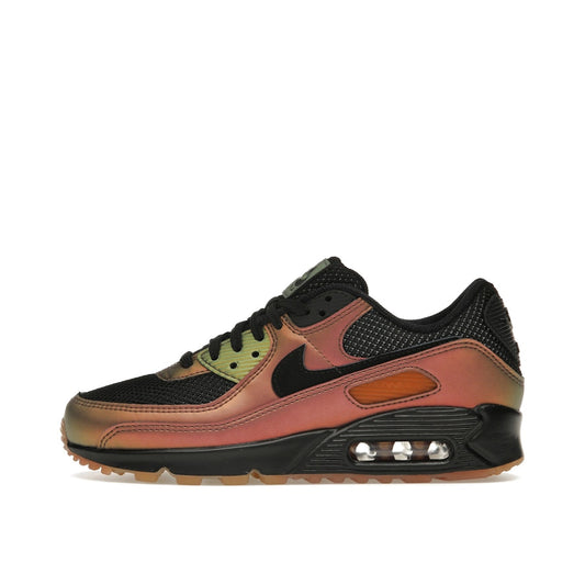 Nike Air Max 90 sneakers, side view, in black with premium metallic copper details.