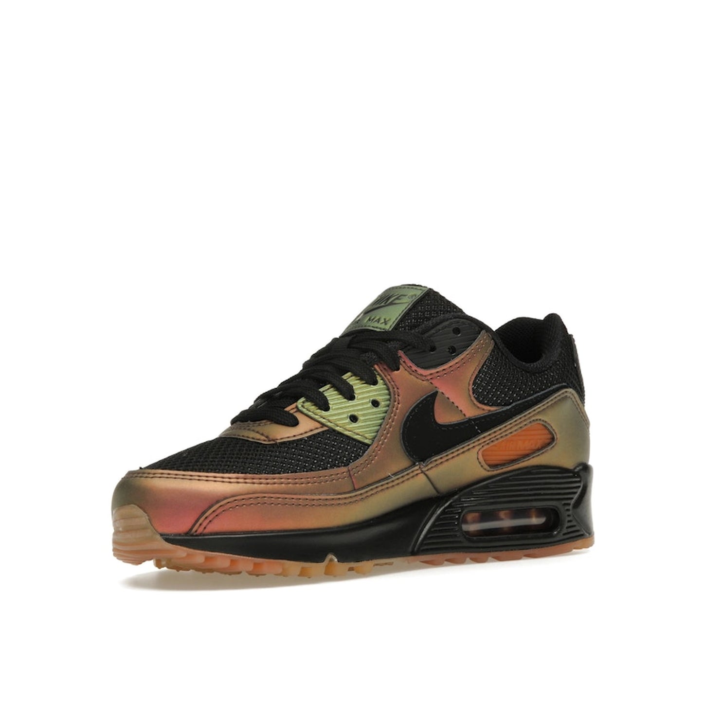 Nike Air Max 90 sneakers, front view, in black with premium metallic copper details.