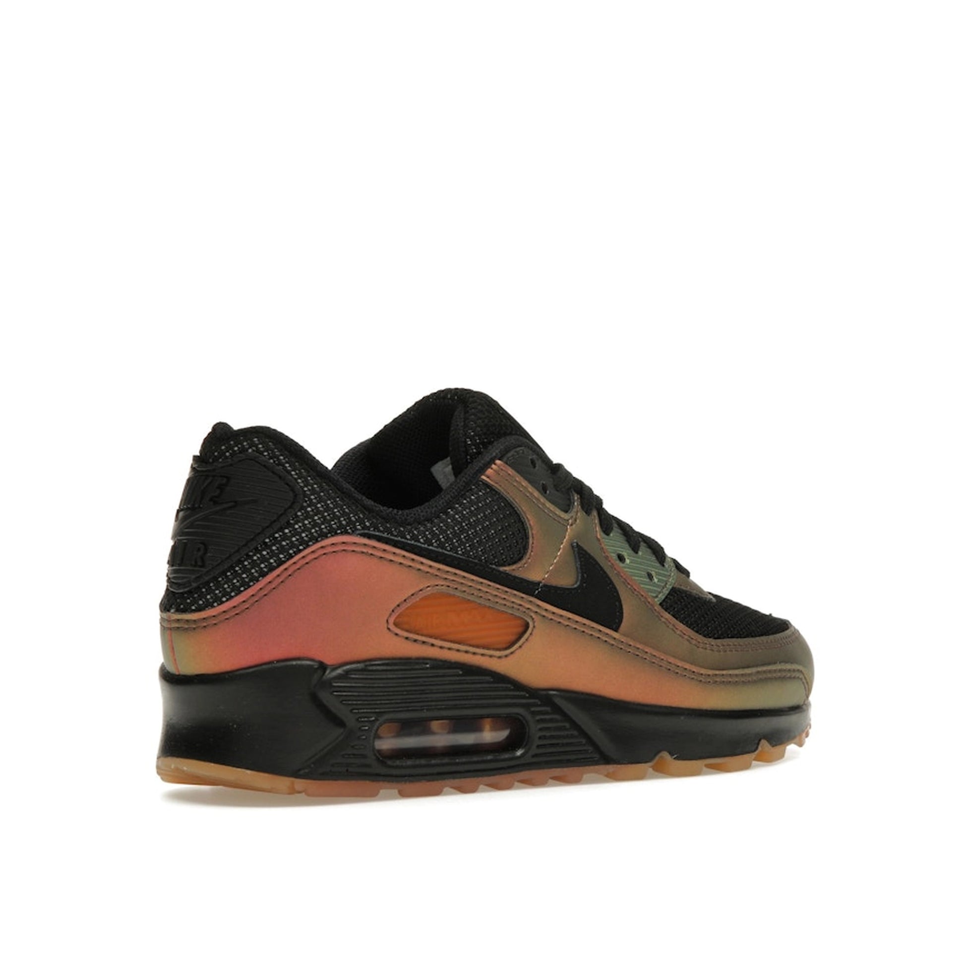 Nike Air Max 90 sneakers, back view, in black with premium metallic copper details.