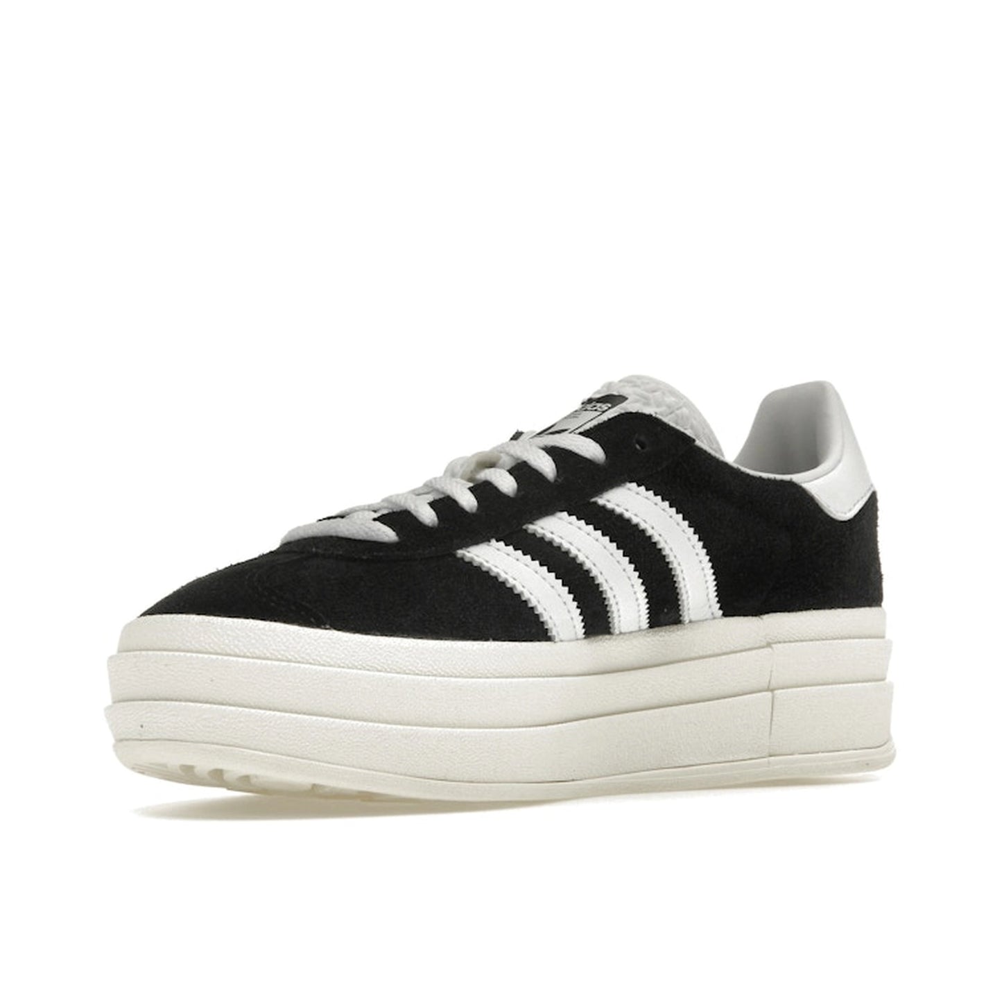 adidas Gazelle Bold Women’s sneakers, front view, in core black with cloud white stripes and platform sole.