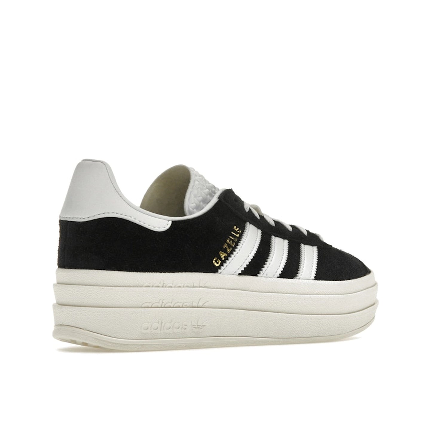 adidas Gazelle Bold Women’s sneakers, back view, in core black with cloud white stripes and platform sole.