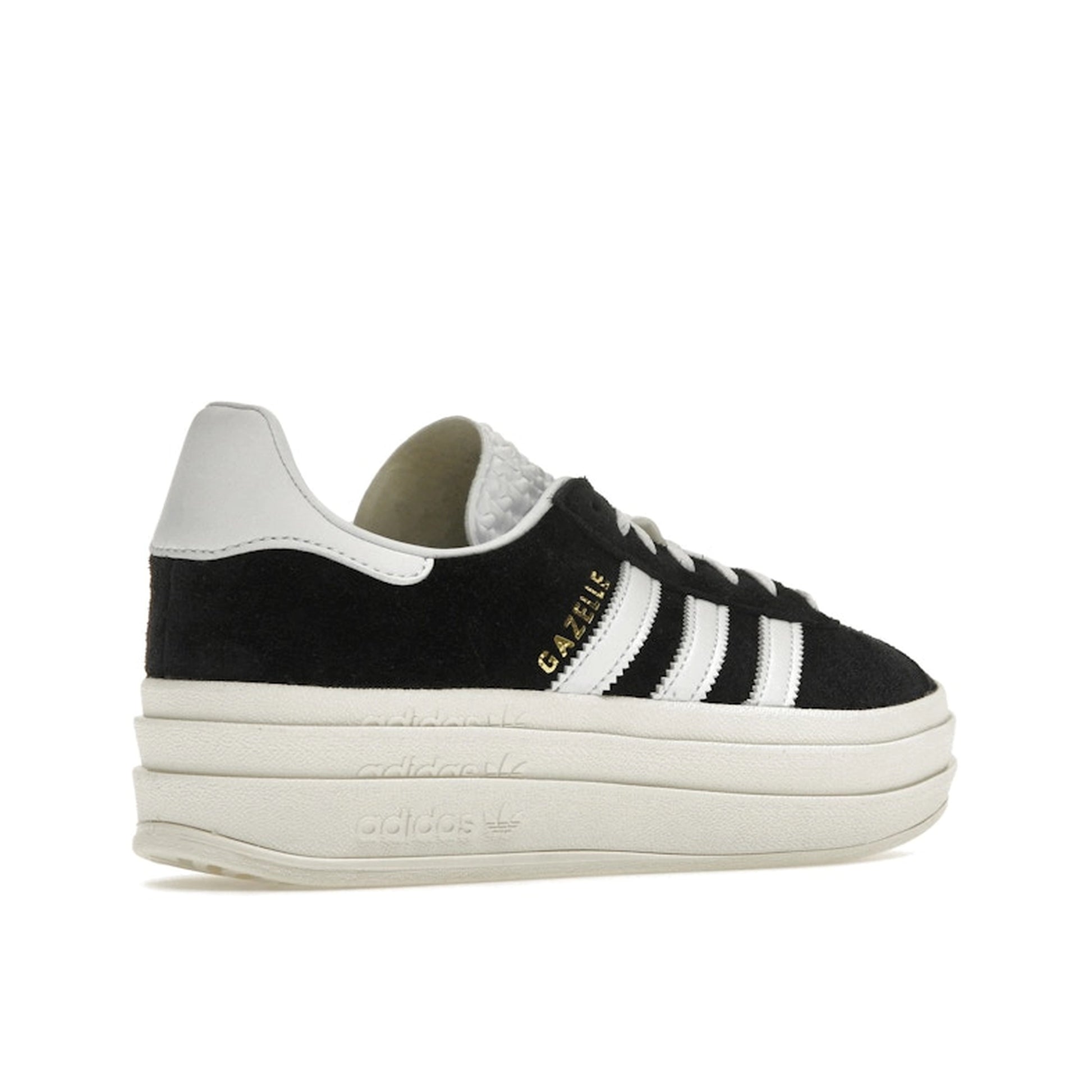 adidas Gazelle Bold Women’s sneakers, back view, in core black with cloud white stripes and platform sole.