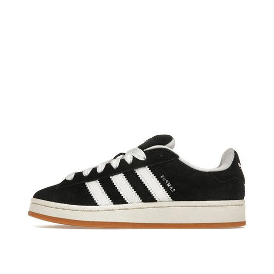 Adidas Campus 00s Core Black sneakers, side view, model HQ8708, black suede upper.

