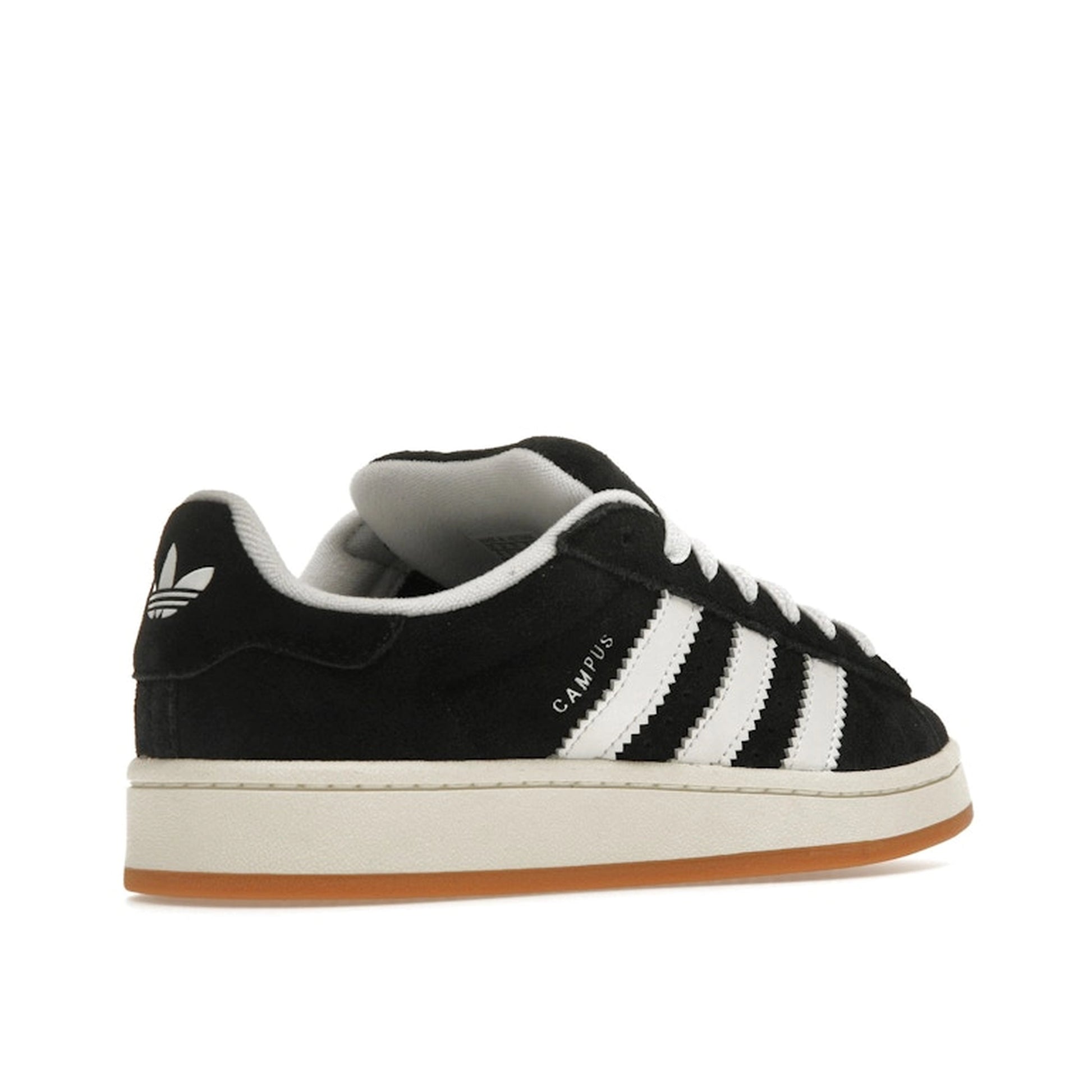 Adidas Campus 00s Core Black sneakers, back view, model HQ8708, black suede upper.

