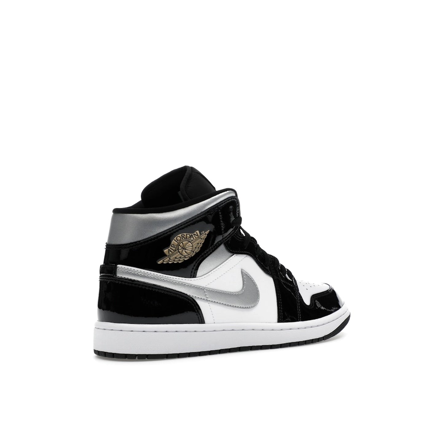 Jordan 1 Mid SE Patent sneakers, back view, in black, white, silver, and gold patent leather.