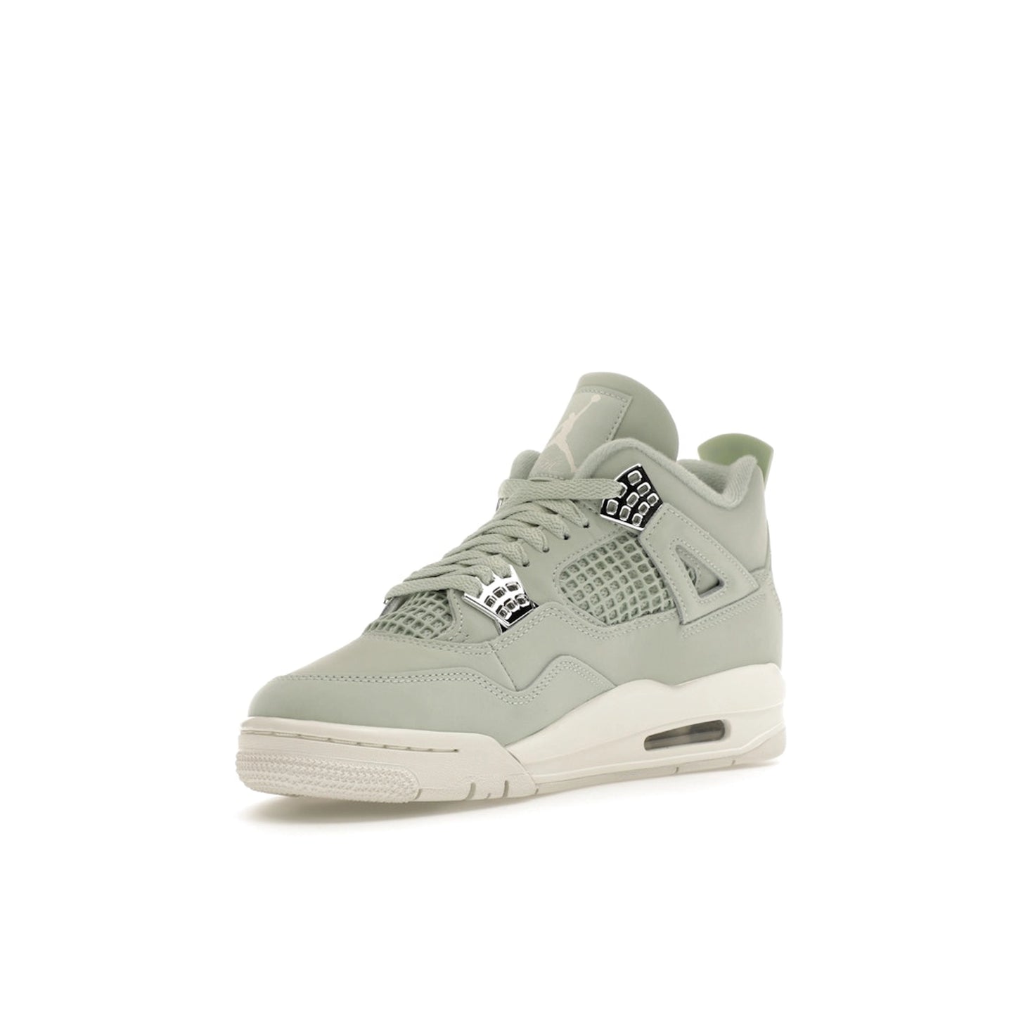 Air Jordan 4 Retro Women’s sneakers, front view, in seafoam green with metallic details.