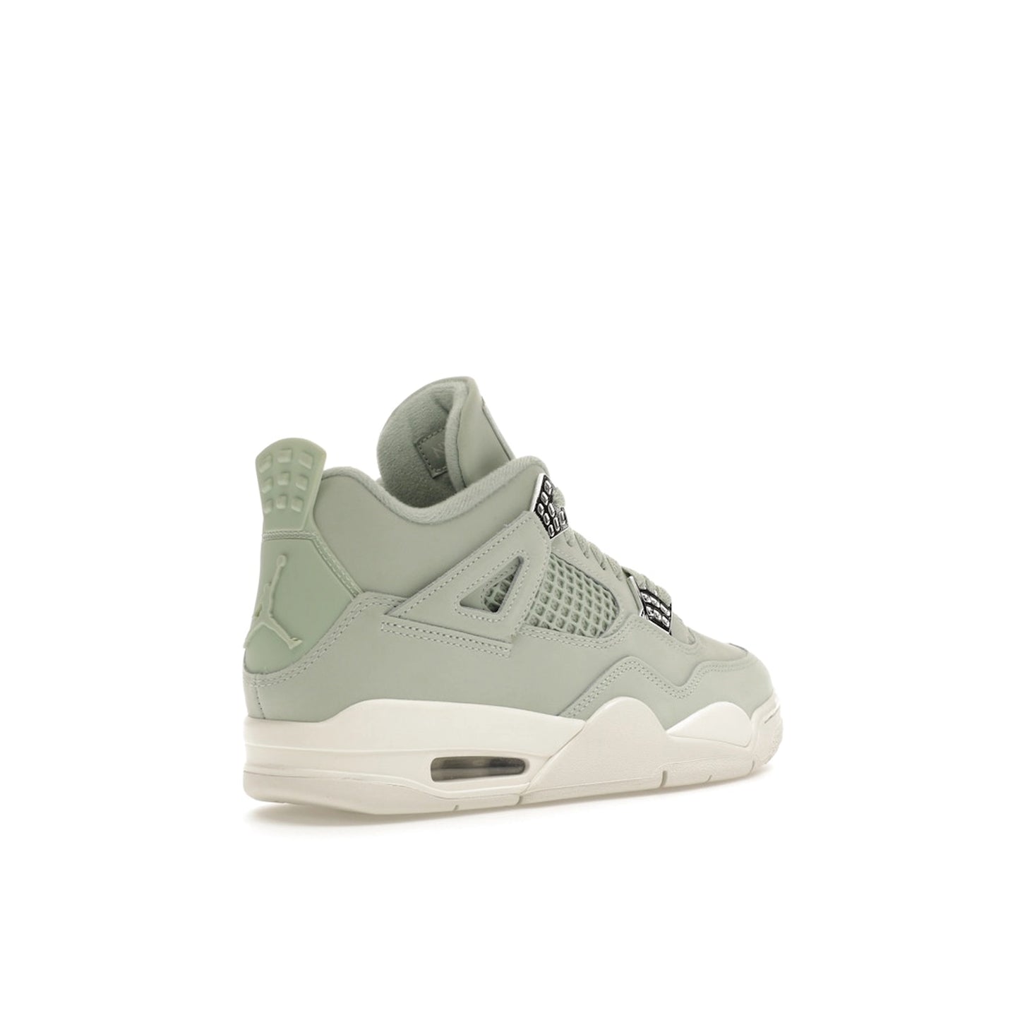 Air Jordan 4 Retro Women’s sneakers, back view, in seafoam green with metallic details.