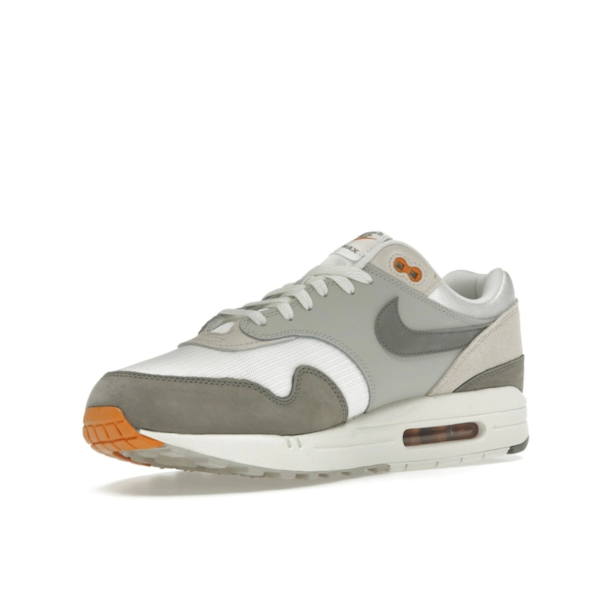 Nike Air Max 1 Light Iron Ore, front view, featuring mesh base and grey suede panels.