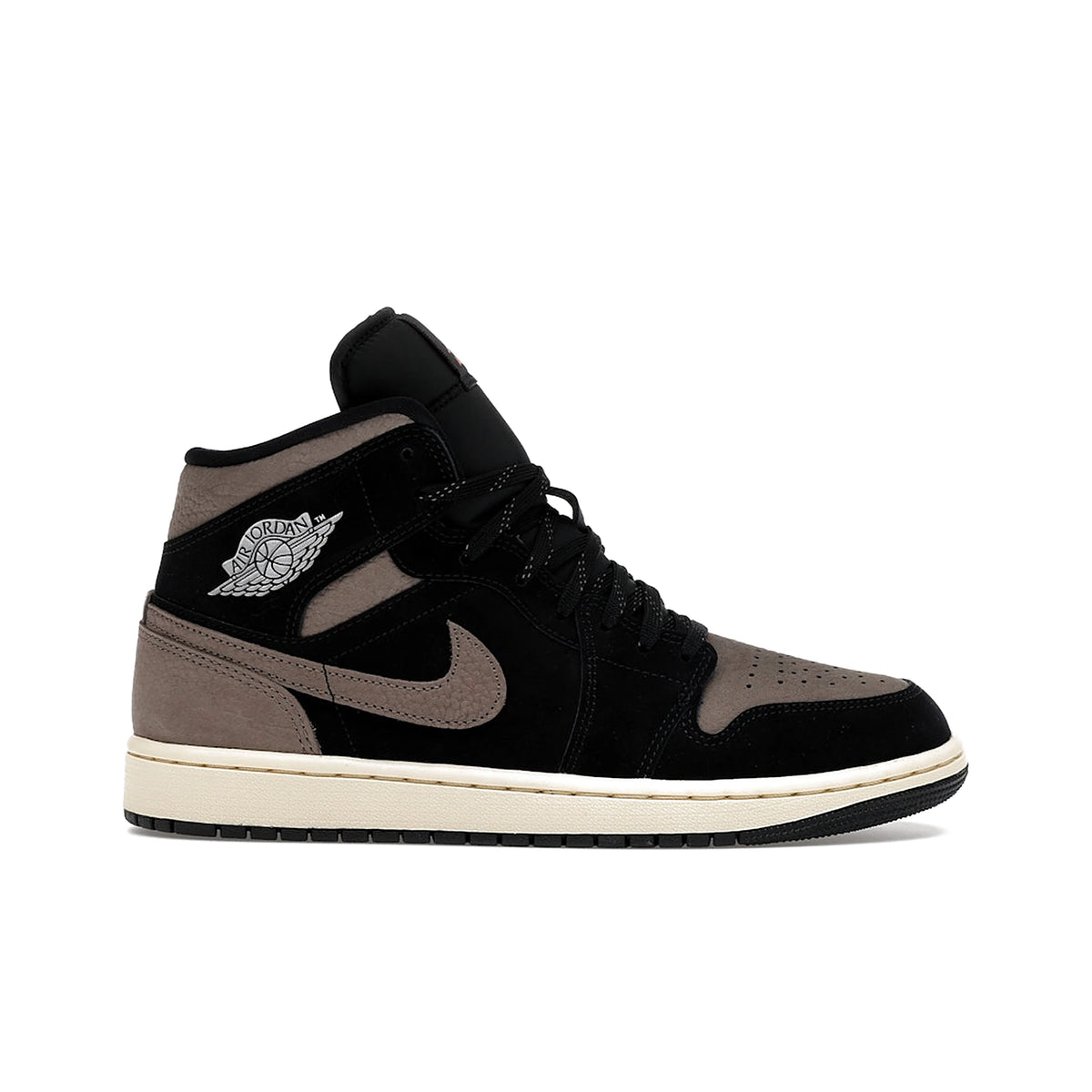 Jordan 1 Mid SE Olive Grey men's leather sneakers in black, light wild mango and olive grey