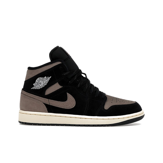Jordan 1 Mid SE Olive Grey men's leather sneakers in black, light wild mango and olive grey