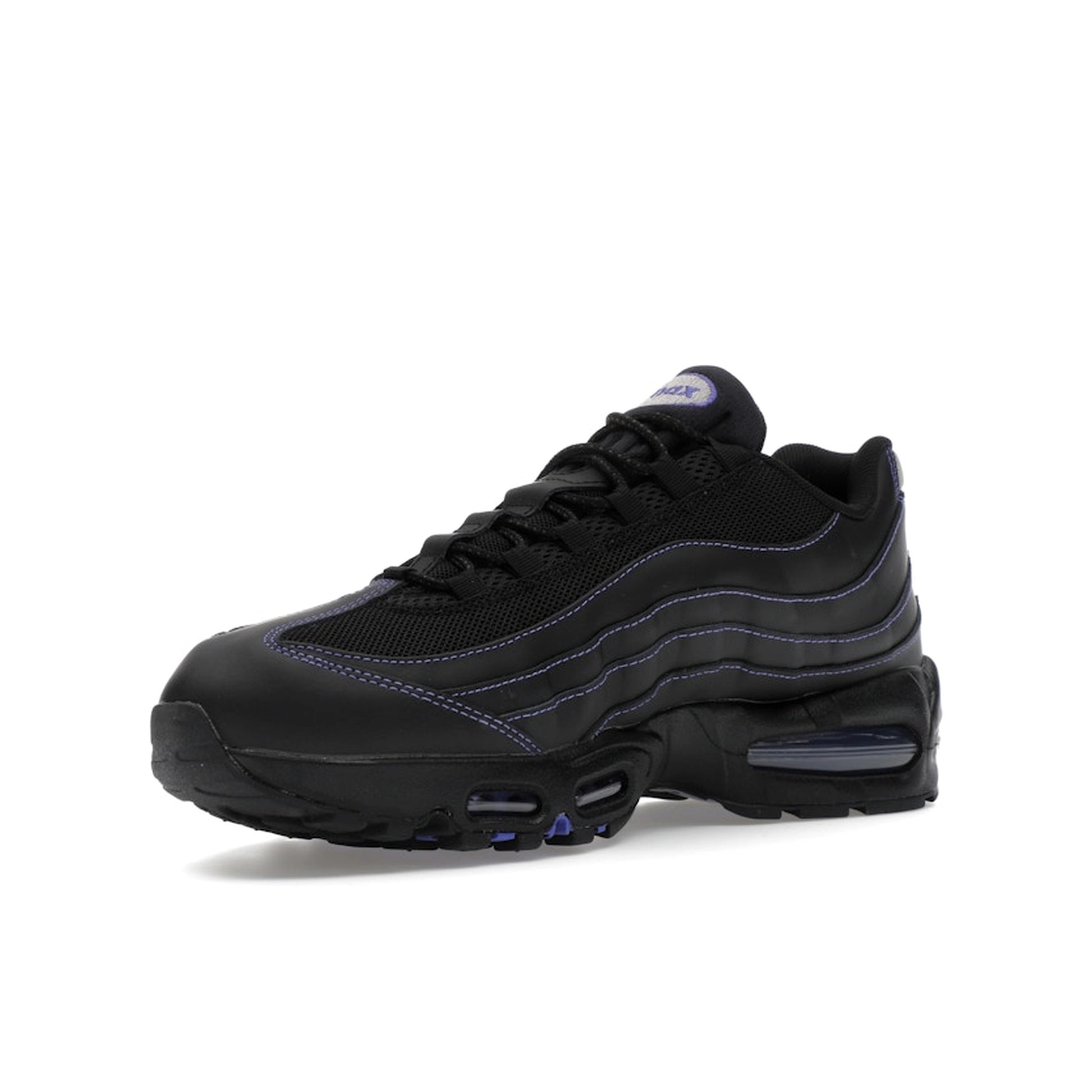 Nike Air Max 95 OG Big Bubble Black Persian Violet, front view, in layered black with violet accents.
