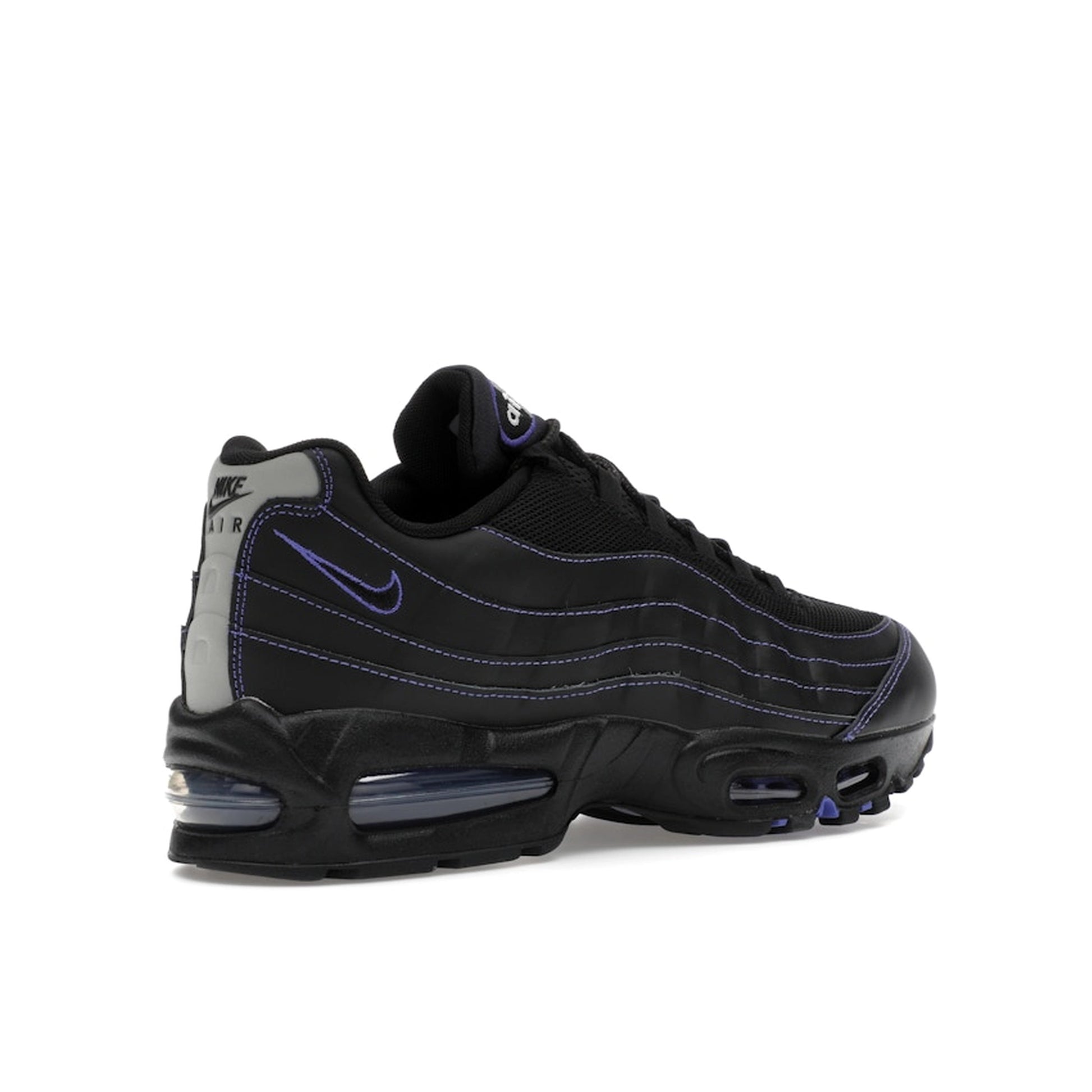 Nike Air Max 95 OG Big Bubble Black Persian Violet, back view, in layered black with violet accents.