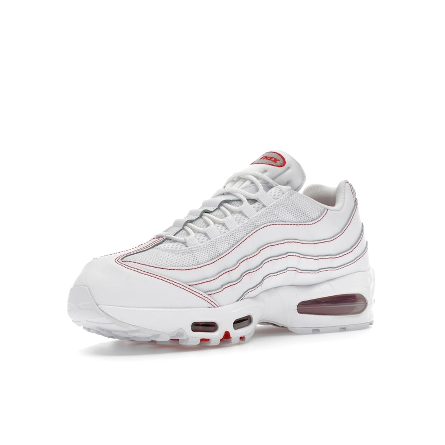 Nike Air Max 95 OG Big Bubble, front view, in white and red with retro big bubble Air unit.