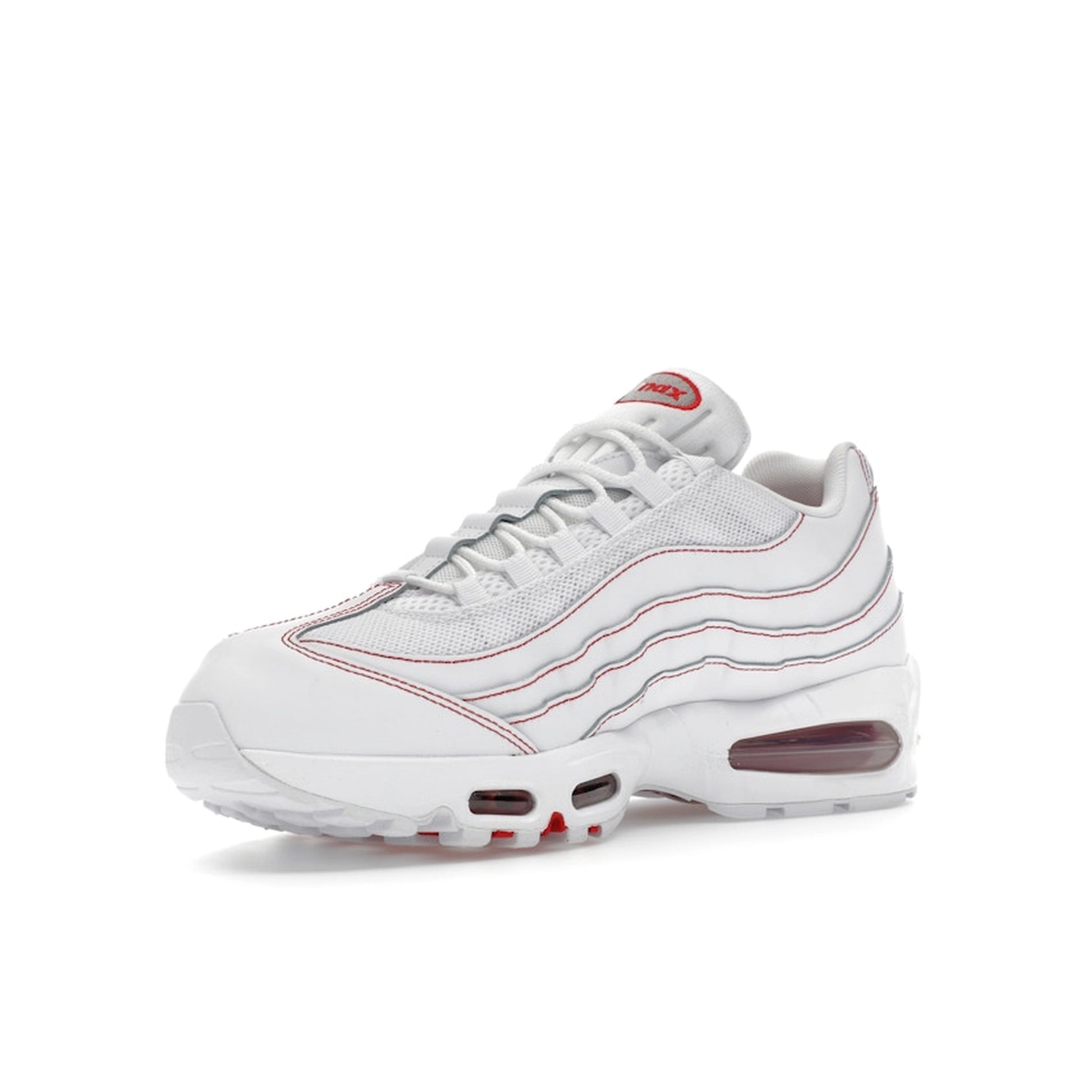 Nike Air Max 95 OG Big Bubble, front view, in white and red with retro big bubble Air unit.
