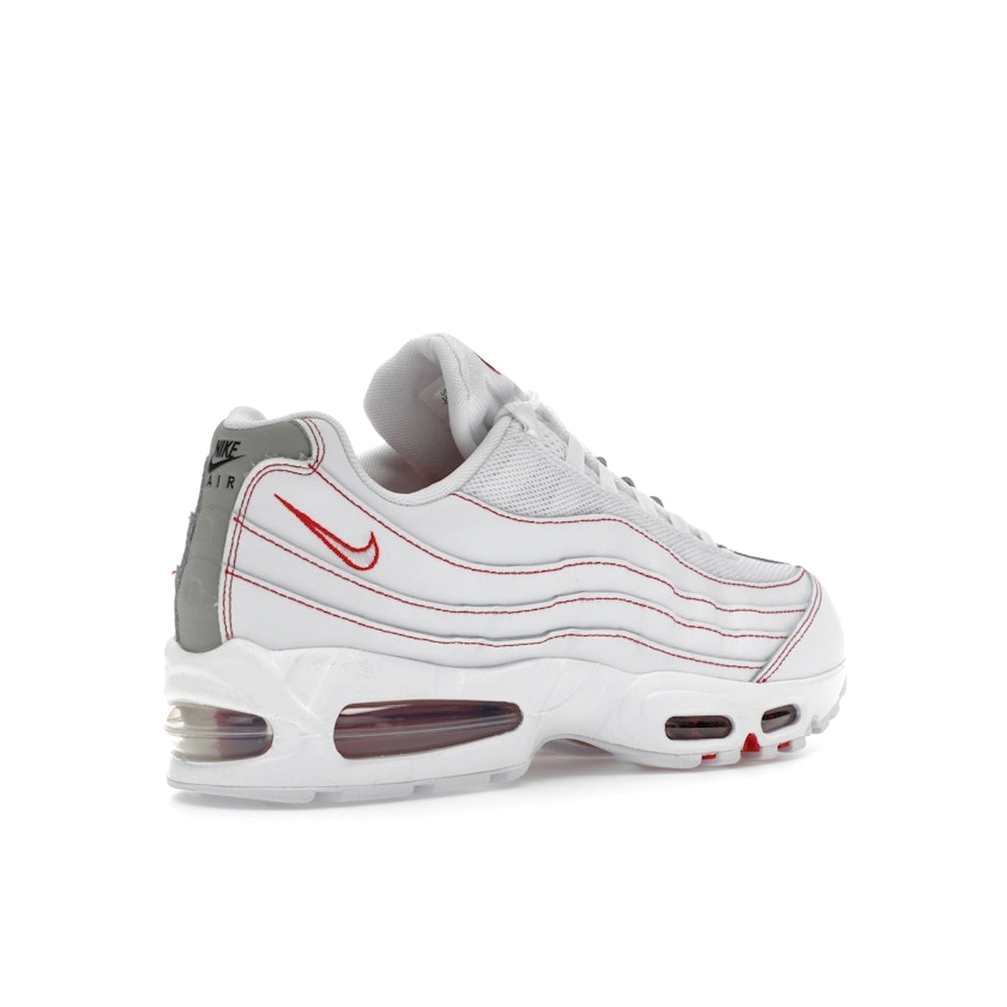 Nike Air Max 95 OG Big Bubble, back view, in white and red with retro big bubble Air unit.
