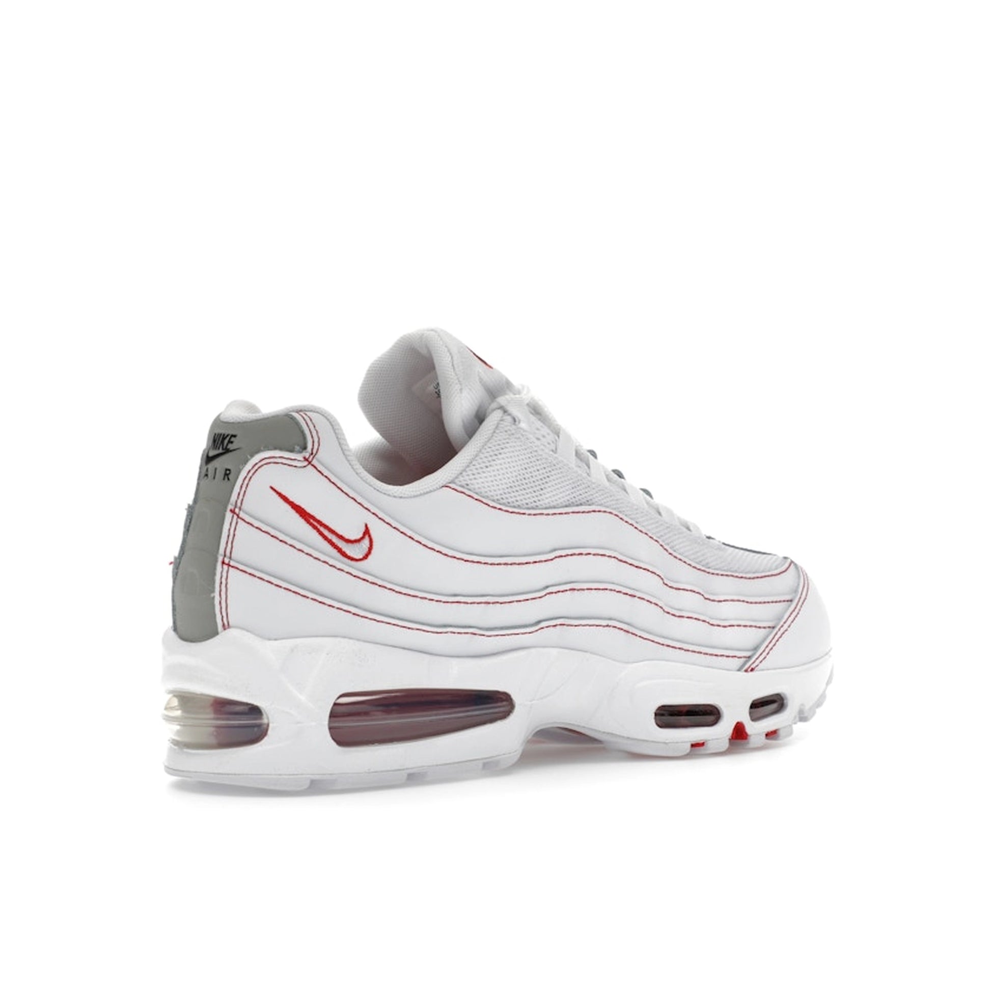 Nike Air Max 95 OG Big Bubble, back view, in white and red with retro big bubble Air unit.