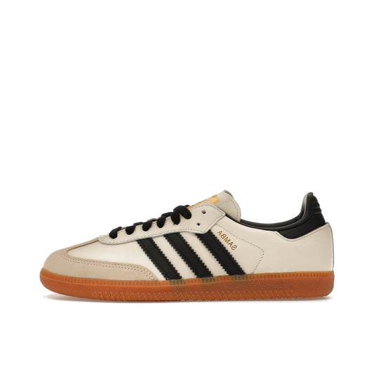 adidas Samba OG Cream White Sand Strata, side view, in cream leather with sand suede overlays.