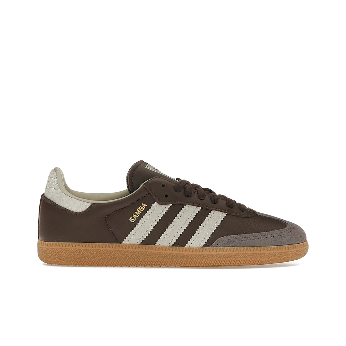 adidas Samba OG brown and putty grey suede sneaker with gold metallic accents