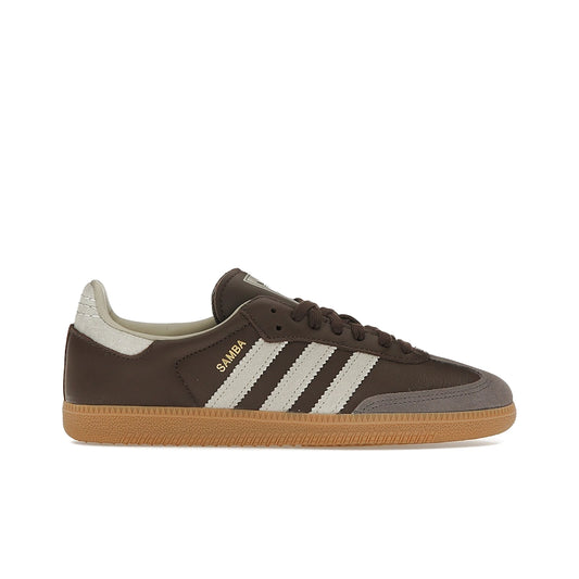adidas Samba OG brown and putty grey suede sneaker with gold metallic accents